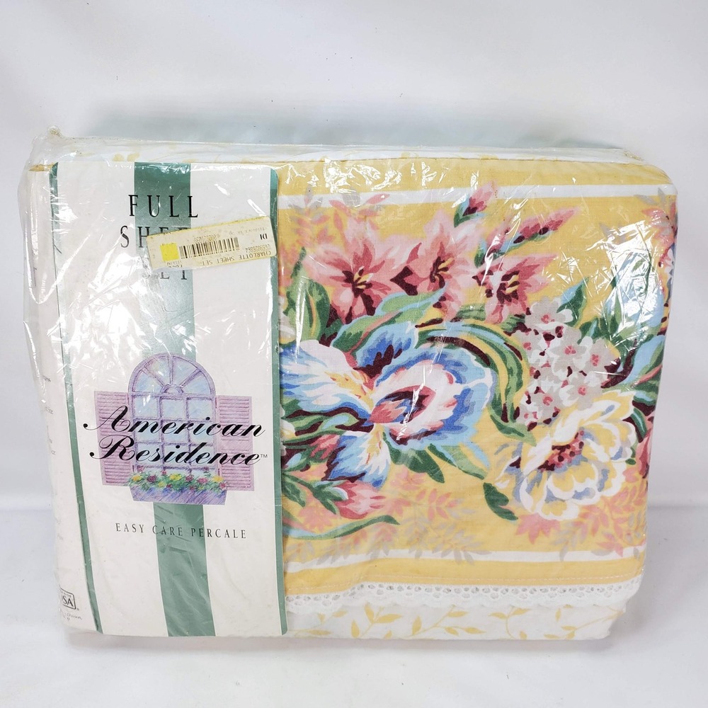 American Residence Charlotte Full Sheet Set Yellow Floral Vintage Percale NEW